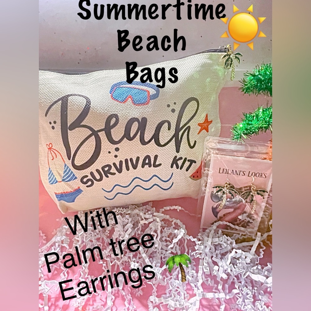 Beach Survival Kit Bag with Palm Tree Earrings